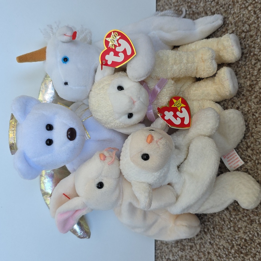 Ty Beanie Babies White And Cream Collection - Bunny, Lambs, Unicorn, And Bear